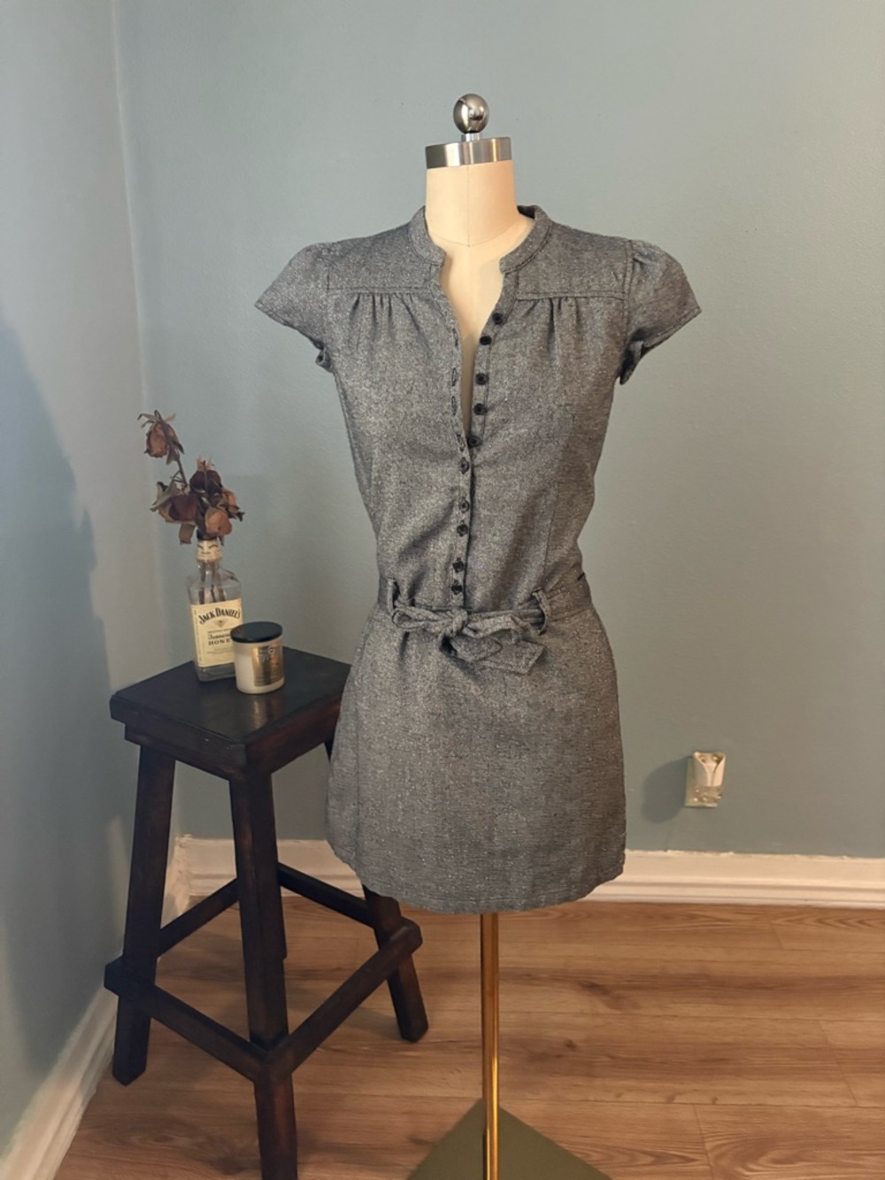 Cherokee Gray Short Sleeve Button-Front Mini Dress with Waist Tie